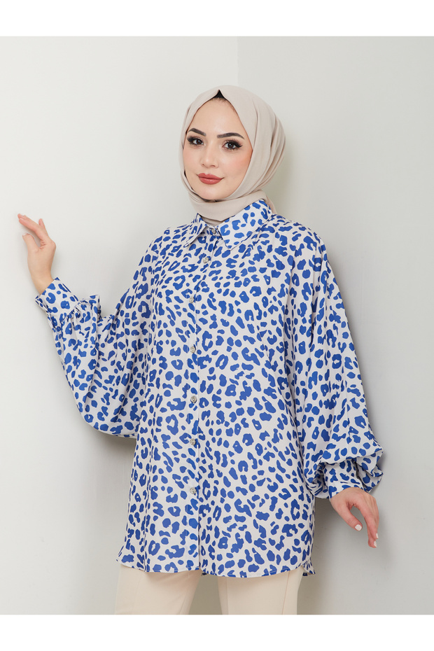 Leopard Print Jessica Shirt Standert Size Long Sleeve 2508 Skas Blue