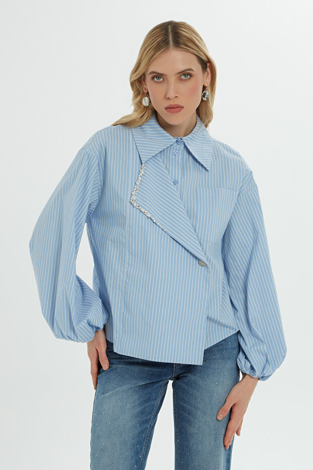 Taş İşlemeli Uzun Kollu Mavi Gömlek - 1