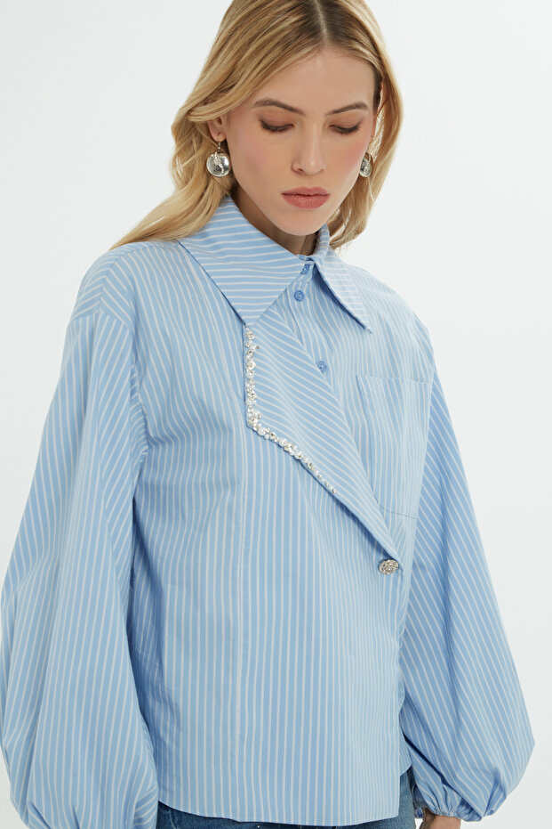 Taş İşlemeli Uzun Kollu Mavi Gömlek - 4