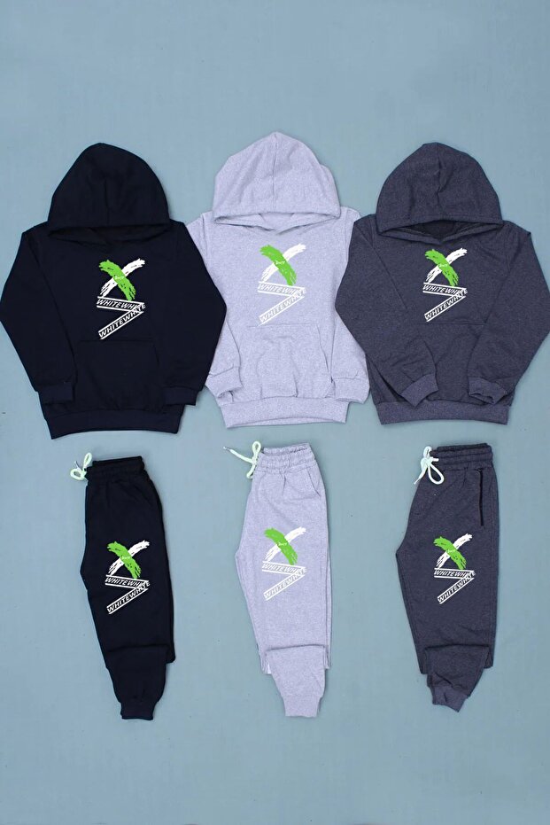 3-Piece Kangaroo Pocket, X Printed, Hooded Boys Tracksuit Set