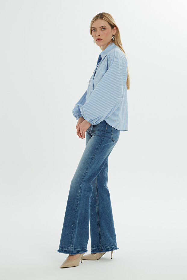 Taş İşlemeli Uzun Kollu Mavi Gömlek - 5