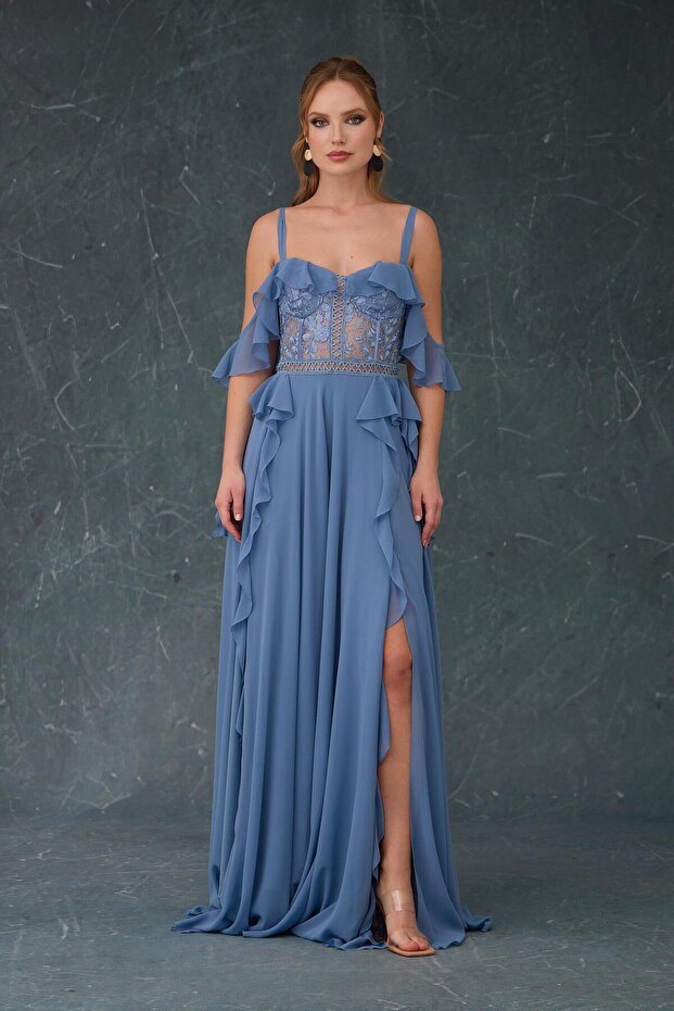 Indigo Flounced Top Lace Slit Evening Dress
