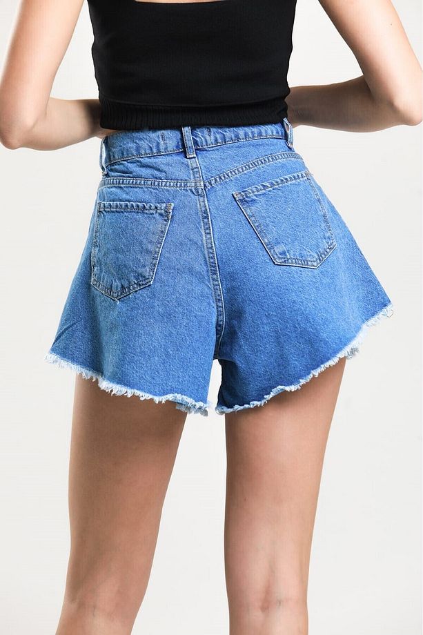 2076 Kadın Püsküllü Paça Jeans Denim Kot Şort - Mavi - 4