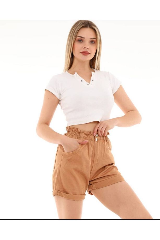 2049 Kadın Gabardin Duble Paça Jeans Denim Kot Şort - Karamel - 3