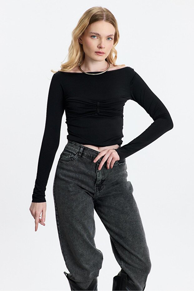 20178 Model - Black Drawstring Detailed Blouse - 7