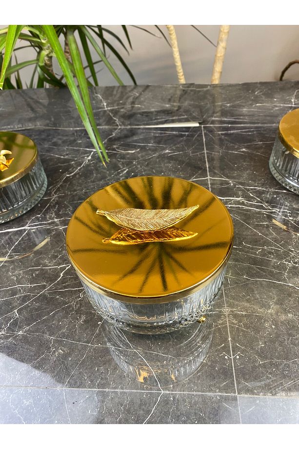 Elysia Ayaklı Kapaklı Gold Şekerlik ( Yaprak Model ) - 3