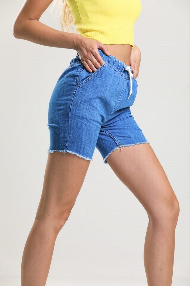 2080 Kadın Püsküllü Paça Jeans Denim Kot Şort - Mavi - 2