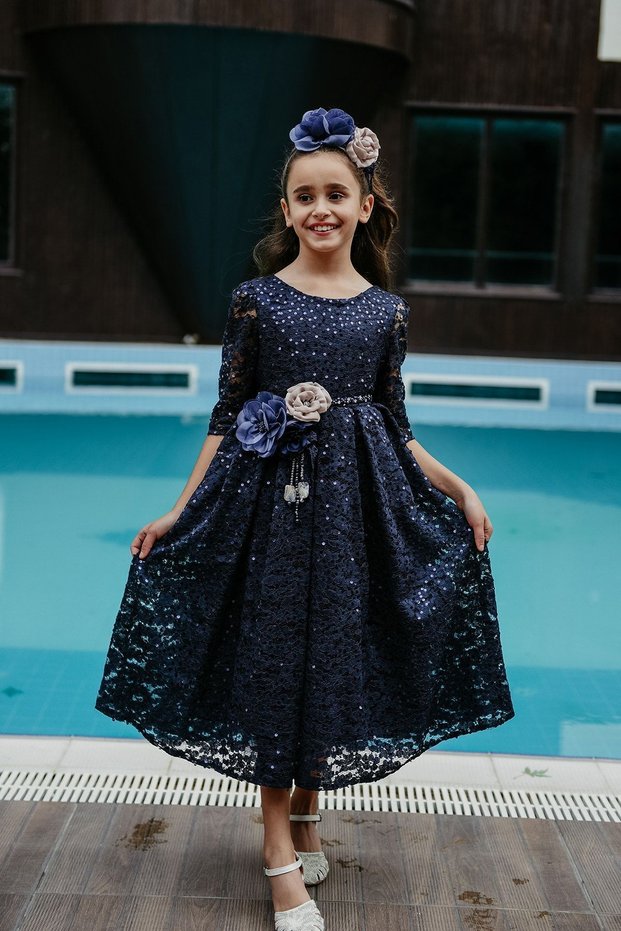 Navy Blue Sequined Evening Dress with Crown Accessories, Girl's Evening Dress, Birthday Dress, New Year's Party Dress