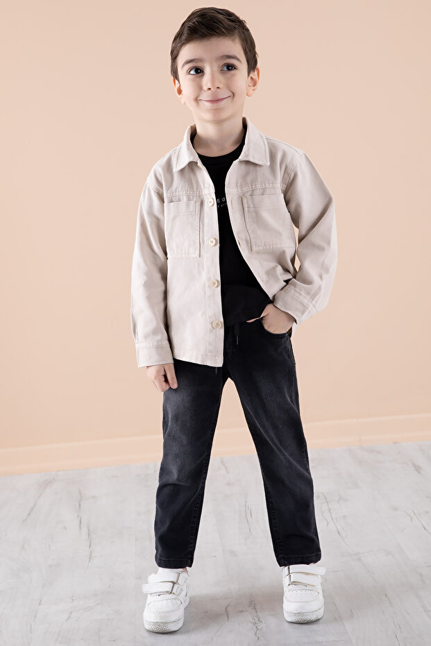 Cream Jean Jacket Text Printed Boys' Trousers 3 Piece Suit 20311