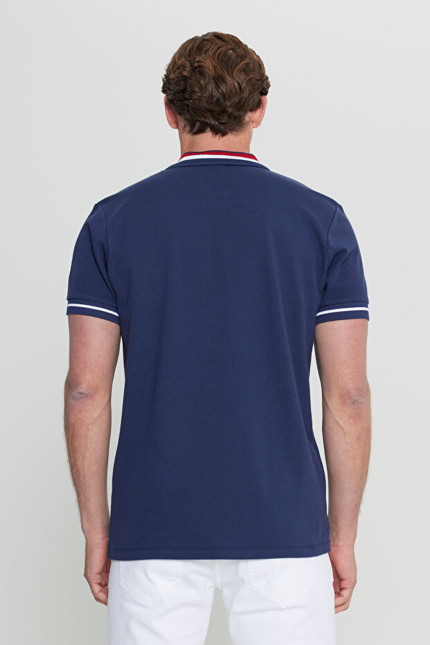 Erkek Lacivert Slim Fit Dar Kesim %100 Pamuk Polo Yaka Tişört - 6