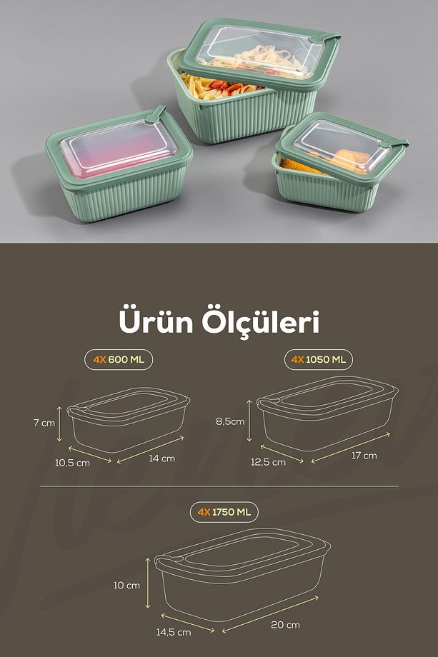 12'li Vip Dikdörtgen Mikrodalga Ve Difrize Uygun Saklama Kabı Seti Yeşil 4x(1750,1050,600 ml) - 2