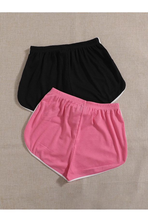 Kadın Siyah Pembe Yan Şeritli 2'Li Paket Mini Şort - 2