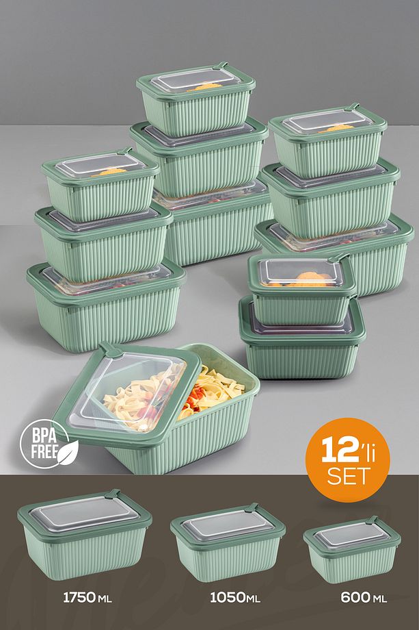 12'li Vip Dikdörtgen Mikrodalga Ve Difrize Uygun Saklama Kabı Seti Yeşil 4x(1750,1050,600 ml) - 1