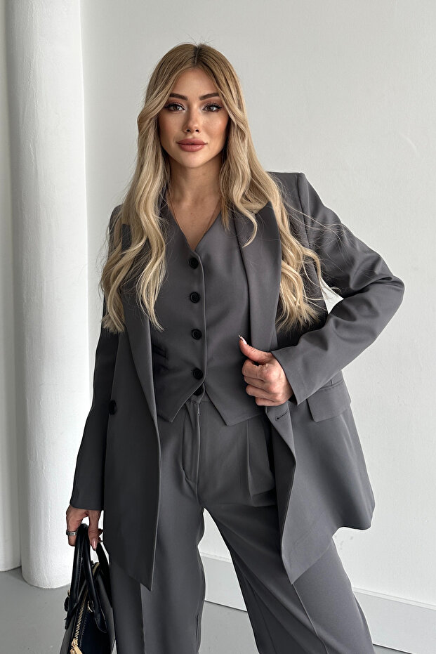 Női antracit oversize blézer kabát nadrág mellény öltöny - 2