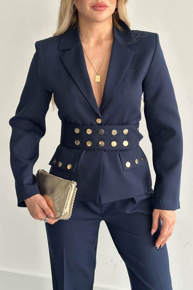 Women's Navy Blue Belted Jacket Pants Suit