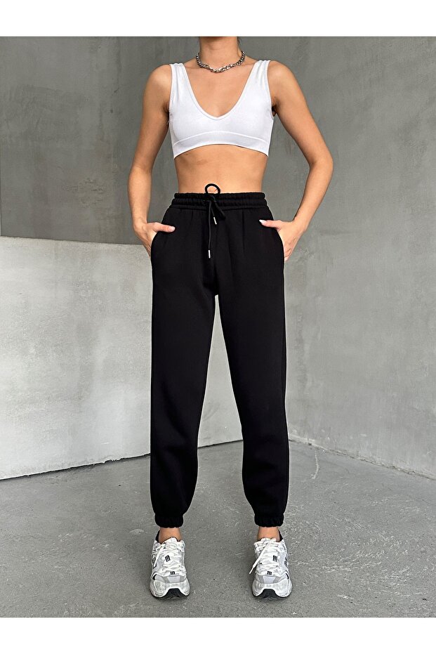 Schwarze Basic-Jogginghose für Damen mit elastischem Bund - 4