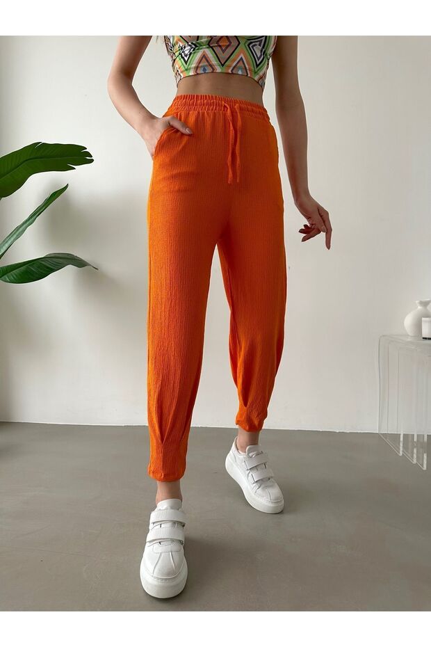 Women's Orange Pleated Leg Trousers