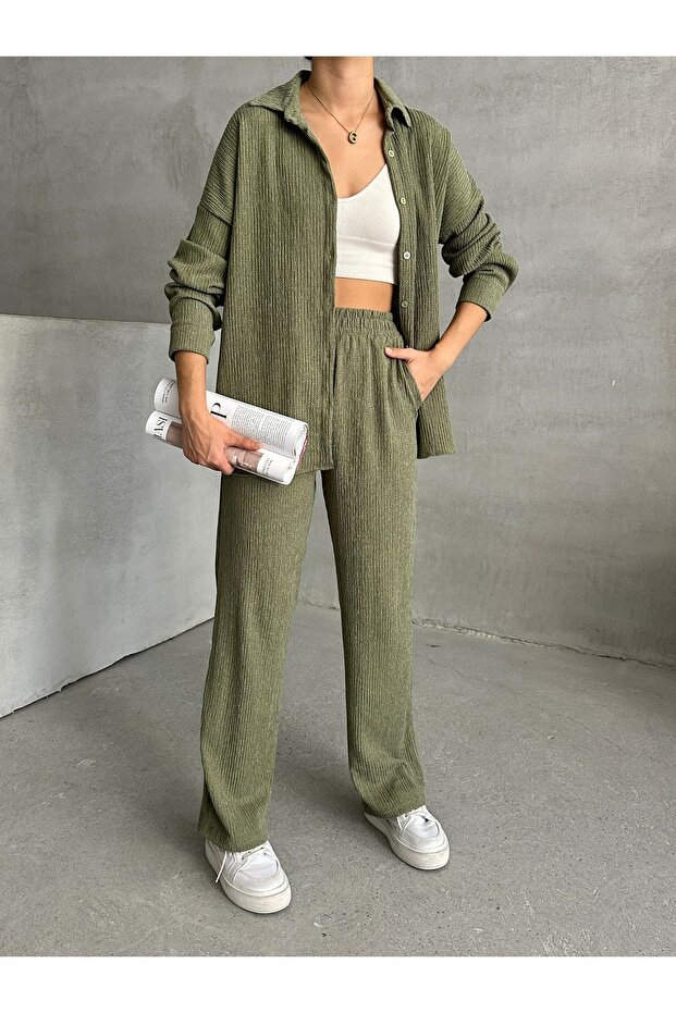 Women's Khaki Textured Rustic Bottom Top Shirt Set