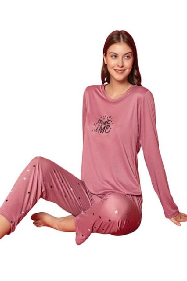 Kadın Milan Kumaş Magic Time Yıldız Desenli Bisiklet Yaka Gül Kurusu Uzun Kollu Pijama Takımı - 1