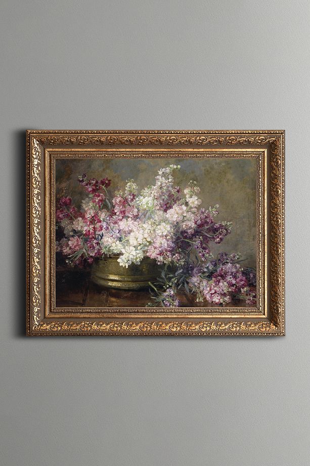 Beyaz ve Pembe Çiçeklerle Dolu Bakır Kase - Vintage Desenli Çerçeve - 1