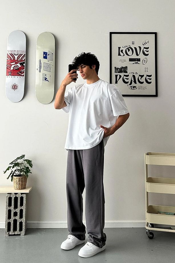 Unisex Yüksek Bel Bol Paça Paçası Ayarlanabilir Baggy Oversize Eşofman Altı - 3