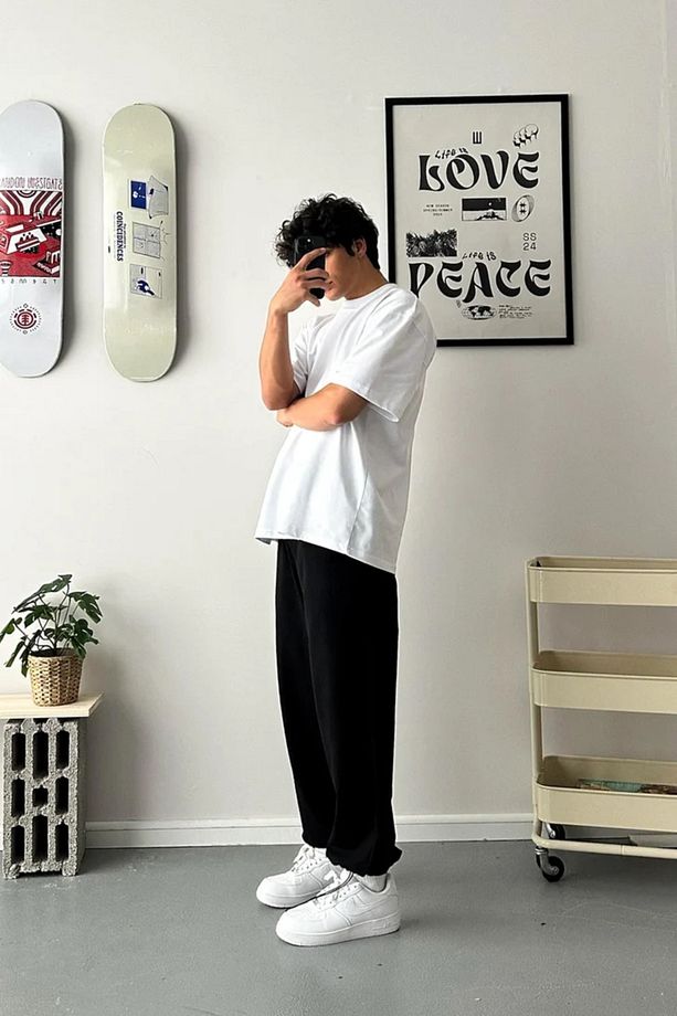 Unisex Yüksek Bel Bol Paça Paçası Ayarlanabilir Baggy Oversize Eşofman Altı - 5