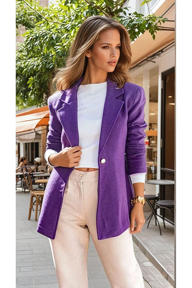 Kadın Mürdüm Kendinden Desenli Astarlı Kaşe Tek Düğmeli Kışlık Blazer Ceket 344940 - 1