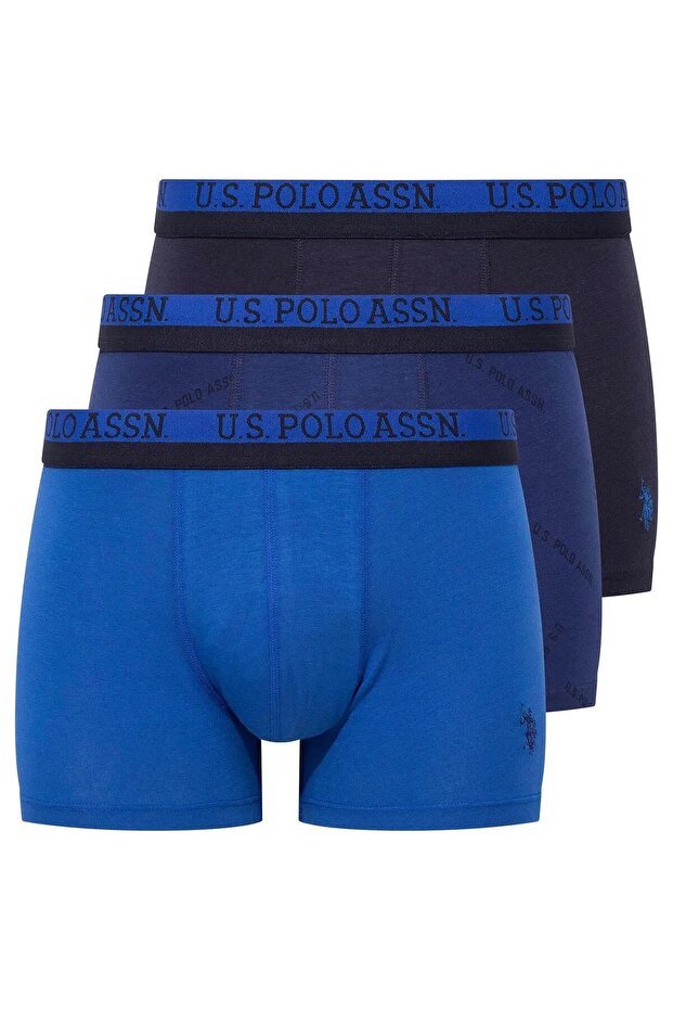 US Polo Assn80522 Men's Cotton 3-Piece Boxers-Sax&Navy Blue&Printed