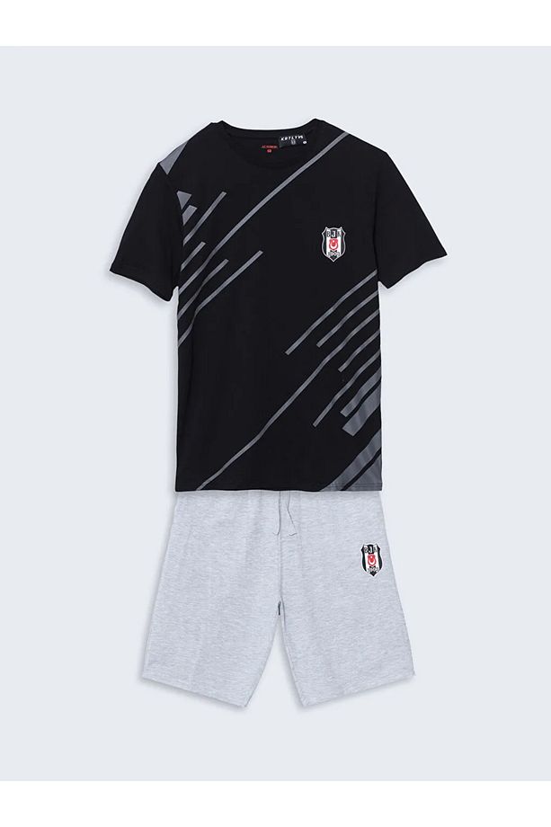Siyah Standart Kalıp Beşiktaş Baskılı Erkek Şortlu Pijama Takımı - 4