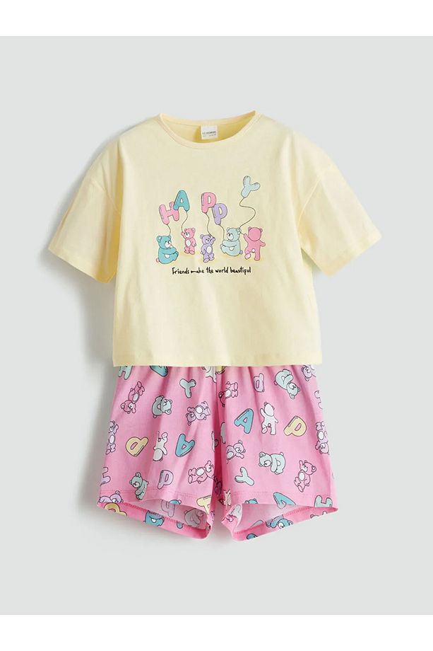 LCW Kids Sarı Baskılı Kız Çocuk Şortlu Pijama Takım - 4