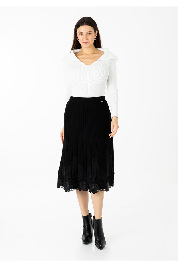 Faux Leather Lace Detailed Pleated Midi Knitted Skirt
