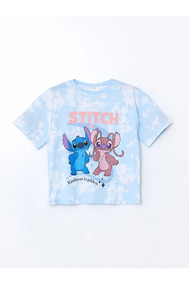 LCW Kids Mavi Bisiklet Yaka Lilo ve Stitch Baskılı Kız Çocuk Şortlu Pijama Takımı - 2