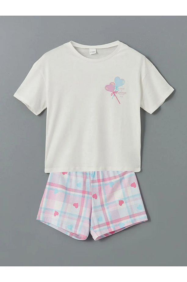 LCW Kids Ekru Bisiklet Yaka Kız Çocuk Şortlu Pijama Takımı - 4