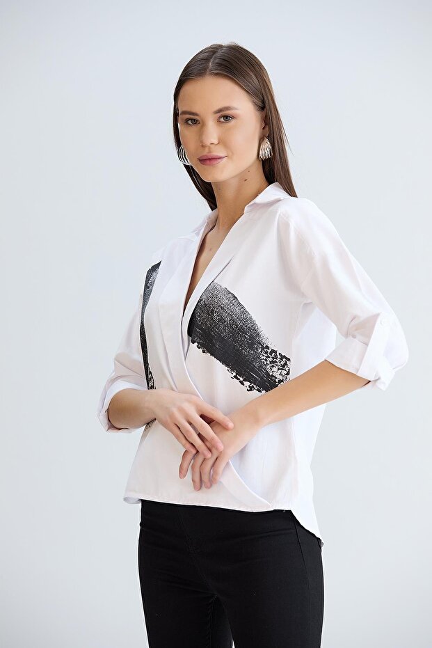 White Double Breasted Collared Shirt - 3