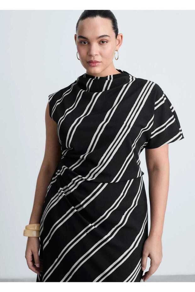 Çizgi desenli midi elbise - 5