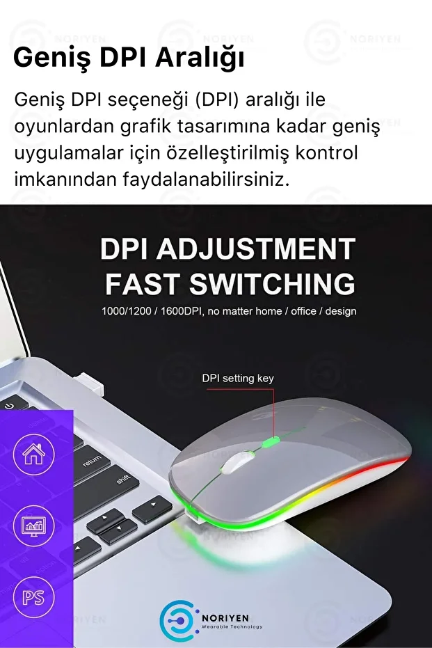 Silent Plus RGB Işıklı Ultra Hafif Konfor Modeli 4 Tuşlu 2.4G Kablosuz Wireless Bluetooth M2 Mouse - 7