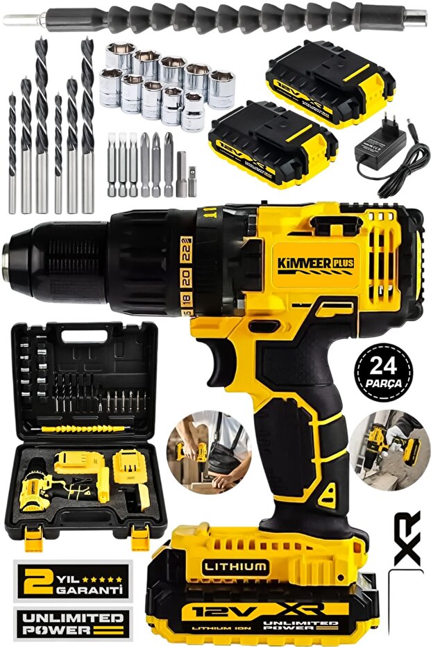 Jetta Power Tools Kimmer Plus 12v 1.5 Ah Metal Şanzıman Çift Akülü Şarjlı 24 Parça Akülü Vidalama Matkap