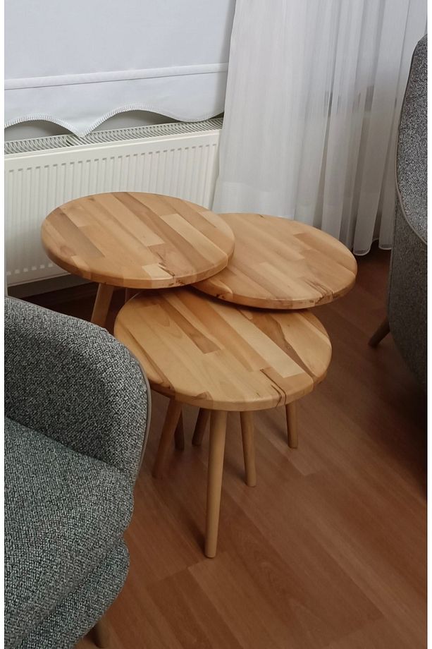 Yan Sehpa Ahşap Masif Kayın 3 lü Yuvarlak - 3