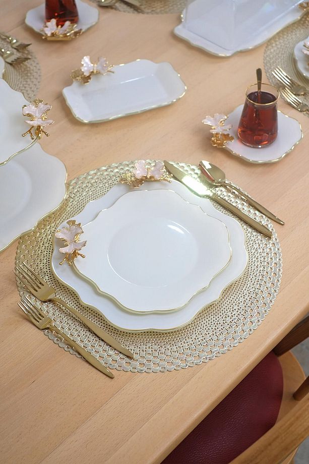 Dolmabahçe Lotus Krem Altın Yaldızlı 6 Kişilik Cam Servis Tabağı Takımı - 7