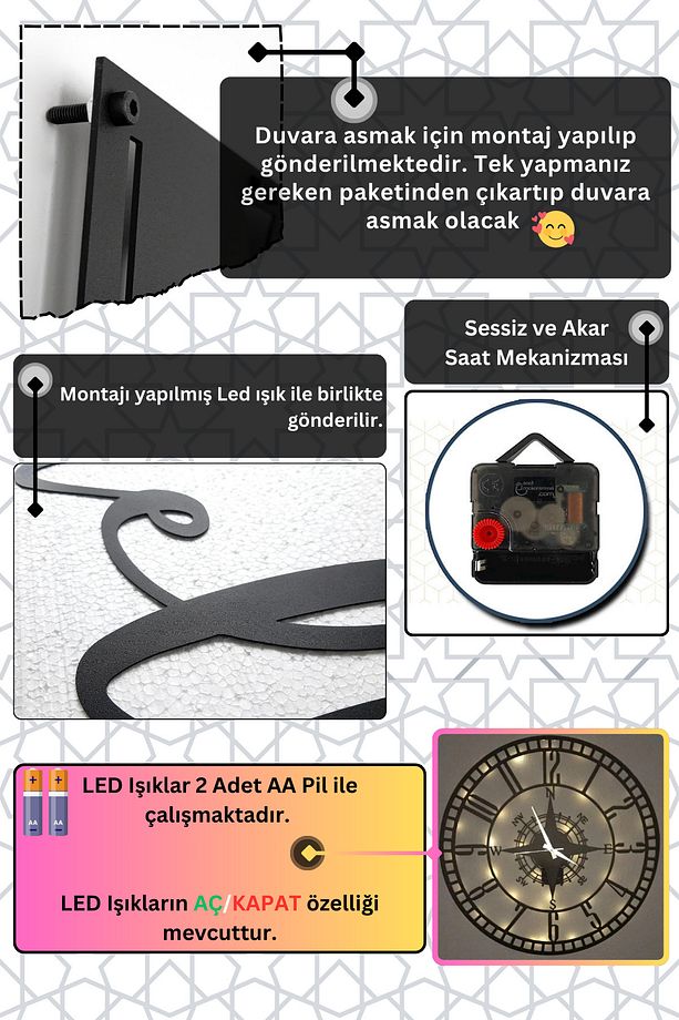 Led Işıklı Aslan Duvar Saati Sessiz Dekoratif Modern Siyah Ahşap Duvar Saati 40x40cm - 3