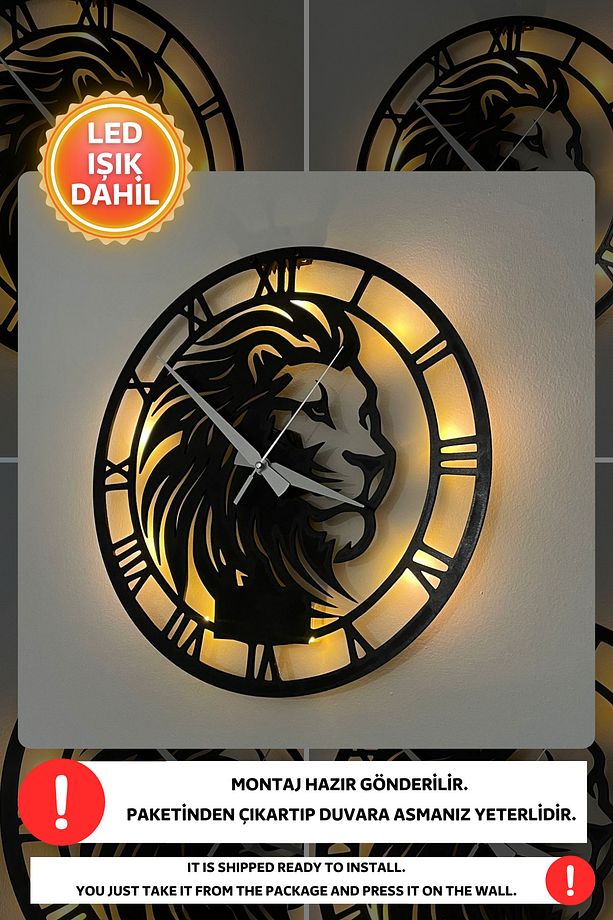 Led Işıklı Aslan Duvar Saati Sessiz Dekoratif Modern Siyah Ahşap Duvar Saati 40x40cm - 4