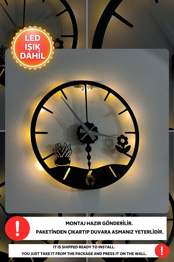 Led Işıklı Mutfak Duvar Saati Sessiz Dekoratif Modern Siyah Ahşap Duvar Saati 40x40cm - 1
