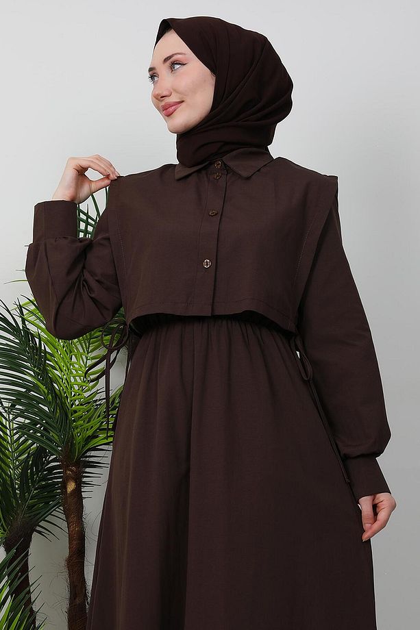 Pelerini İpli Elbise Kahve - 6