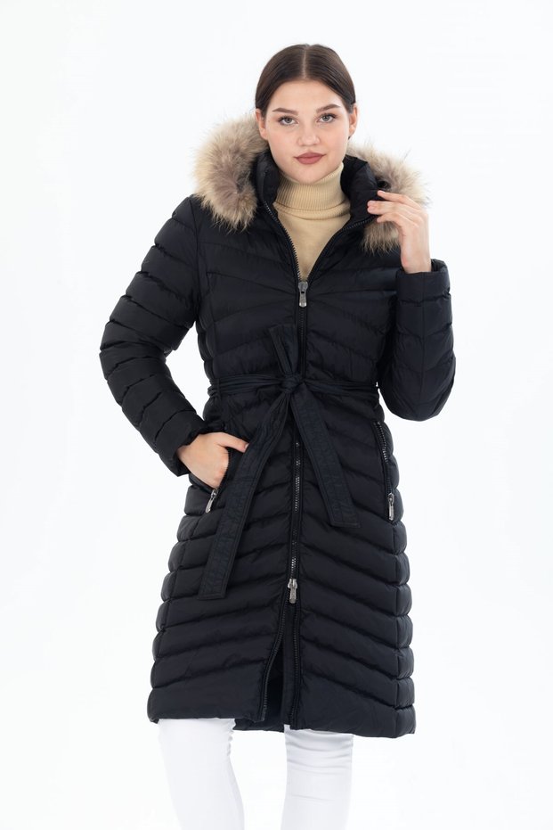 Women's Long Removable Hooded Padded Waist Belted Water Repellent Inflatable Coats 8529