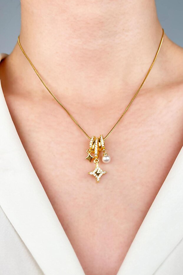 Charm Steel Necklace with Star and Pearl Tips - Gold