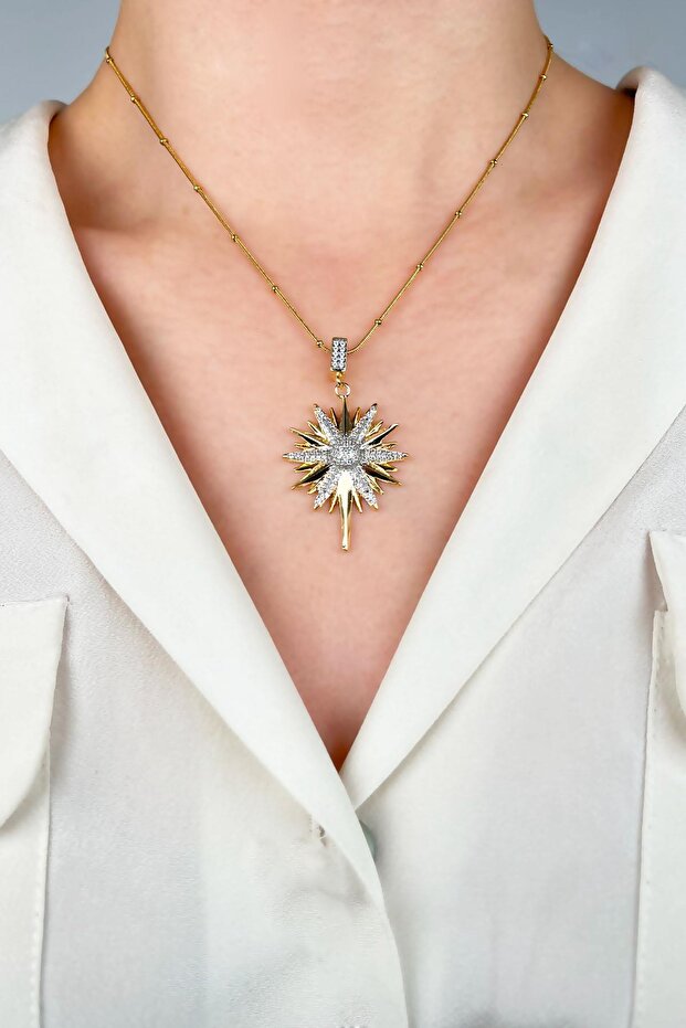 Polar Star Steel Necklace with Zircon Stone - Gold