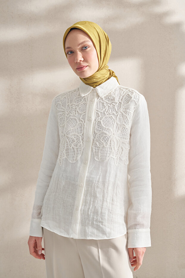 Eșarfă KREP JACQUARD Q PATTERN - VERDE ULEI - 3