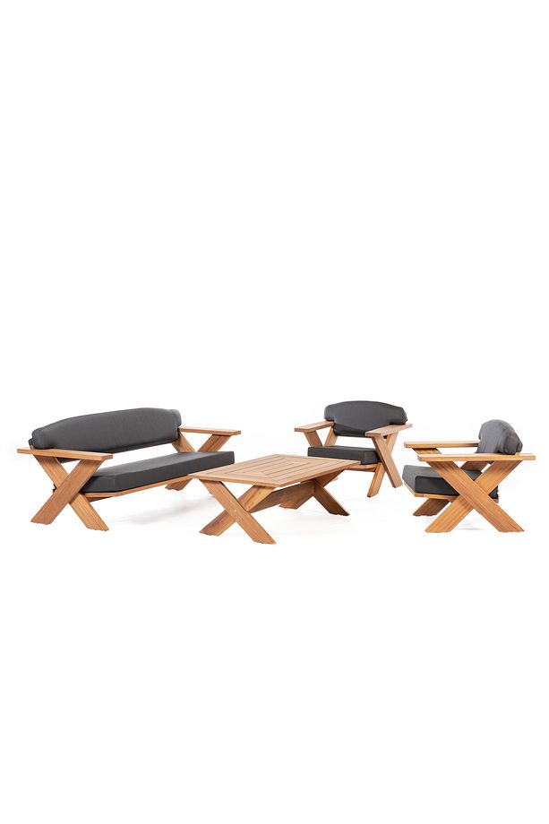 Cross Iroko Ahşap Bahçe - Balkon Oturma Grubu | 3.1.1 + Sehpa ( Antrasit Minderli ) - 7