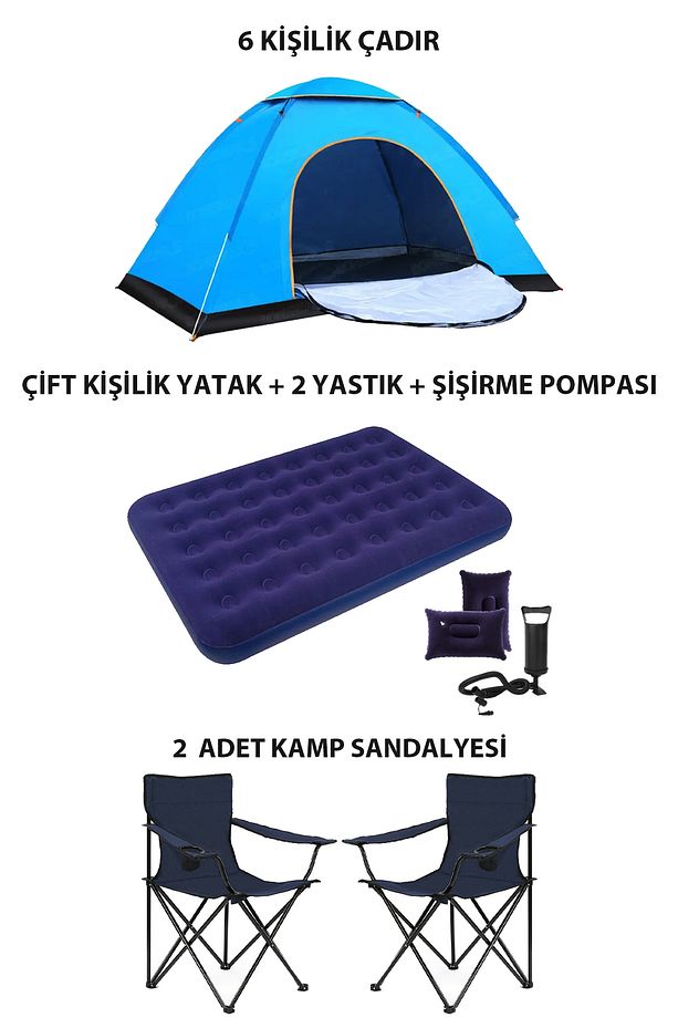 Lüx Kamp Tatil Seti Çadır 2 Adet Sandalye Yatak Yastık - 1