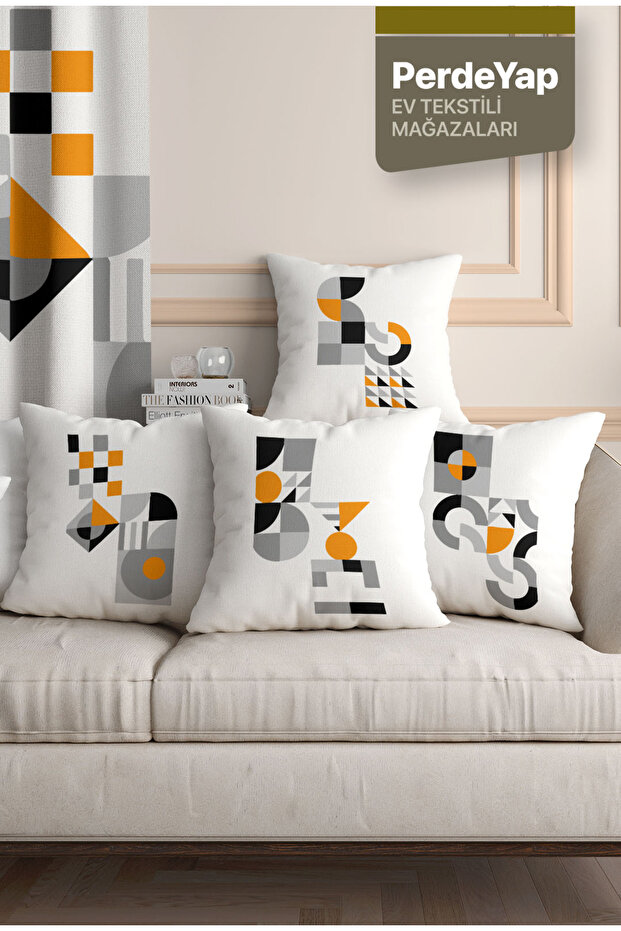 Minimal Geometric Objects Patterned 4-Piece Digital Printed Throw Pillow Pillow Case Light Powder 43x43 Cm 035